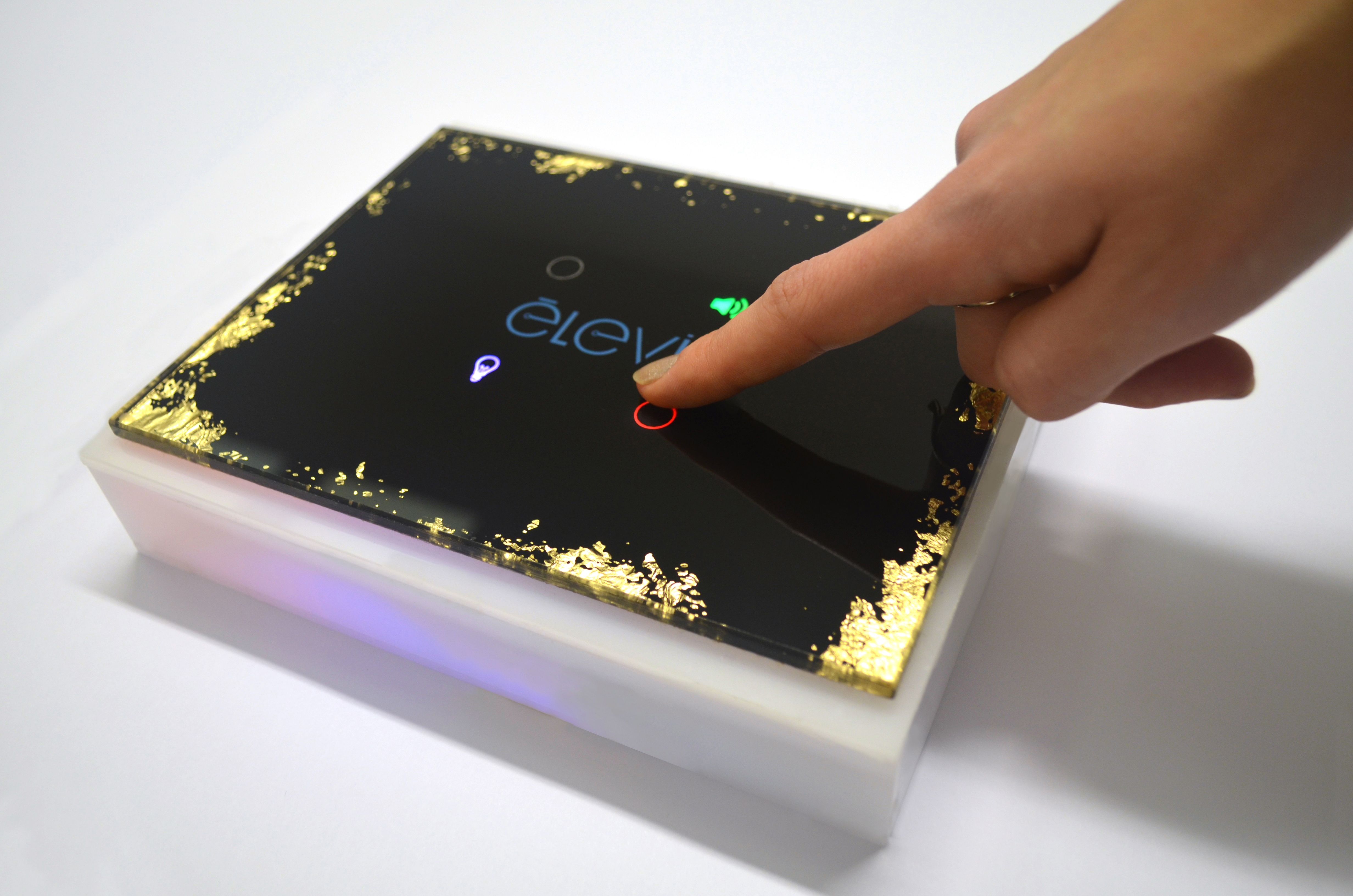 Colorful decorated glass touch panel with multiple backlit control icons