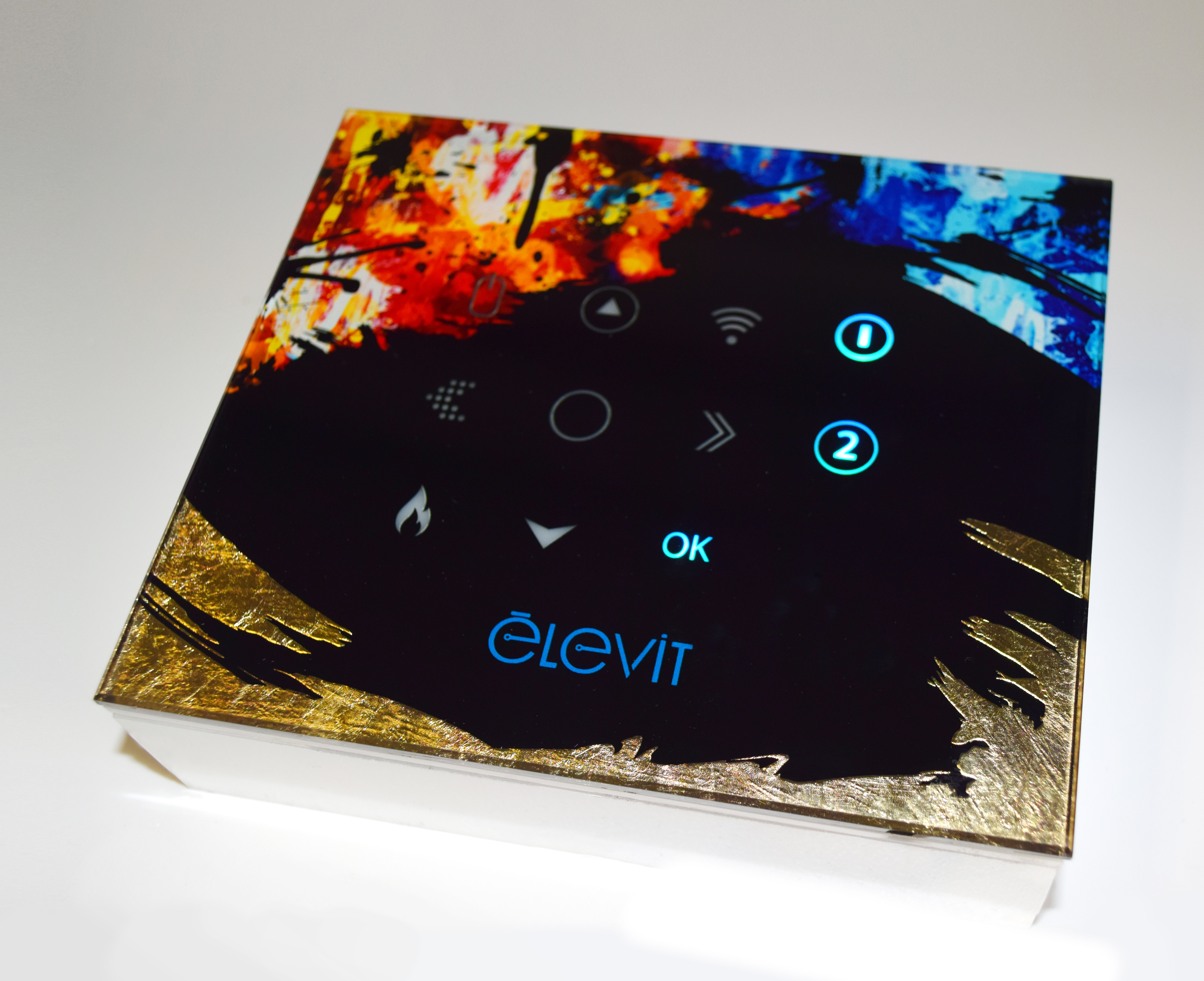 Hand interacting with glass touch surface showing real-time icon feedback