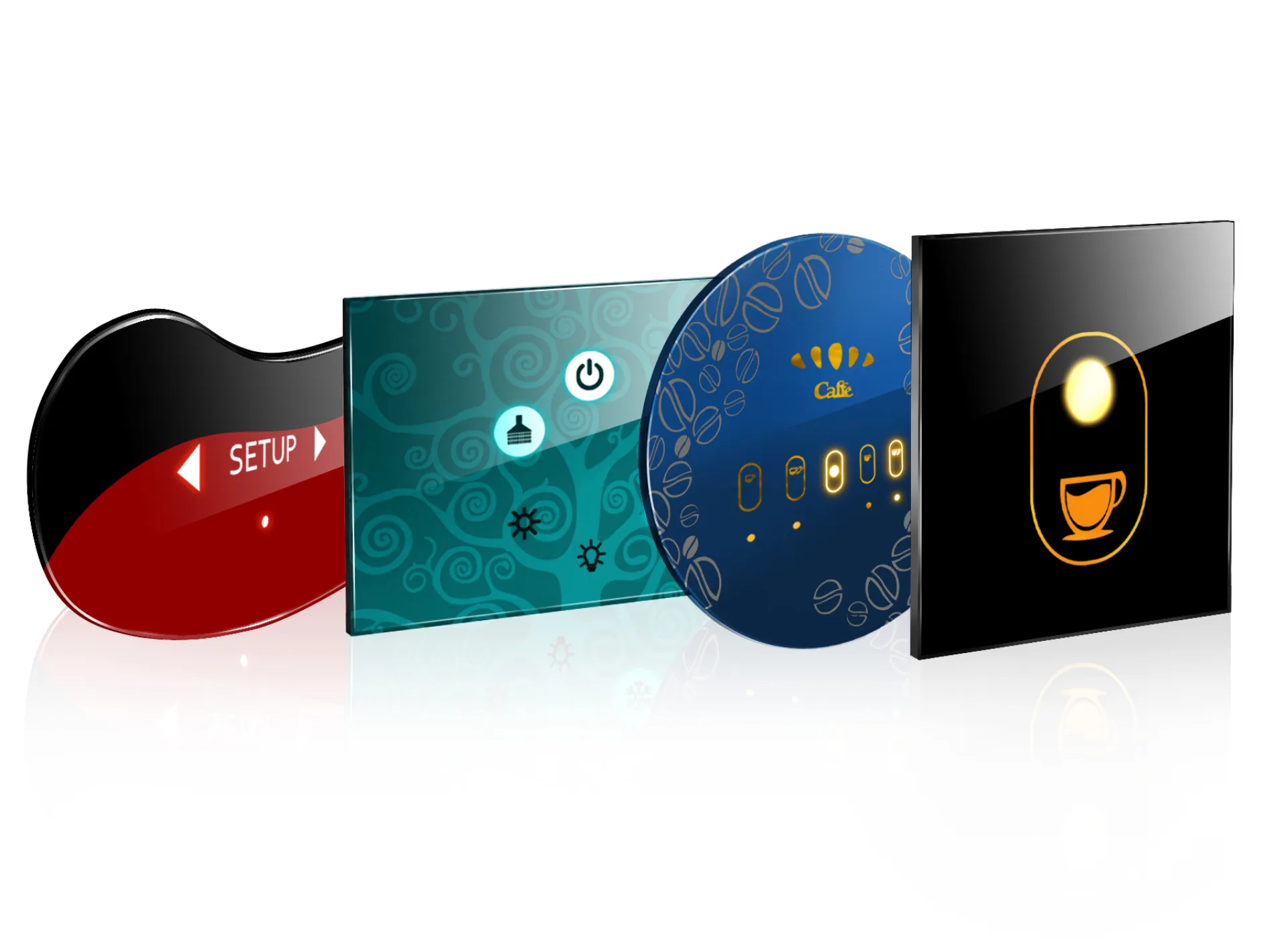 Product lineup showing custom smart surfaces in multiple shapes and finishes